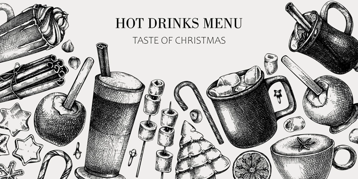 Hot drinks menu design. Mulled wine, coffee, hot chocolate, cocoa vector sketches. Christmas design template. Winter drinks and sweets frame template. Vintage food background. Christmas bar menu.